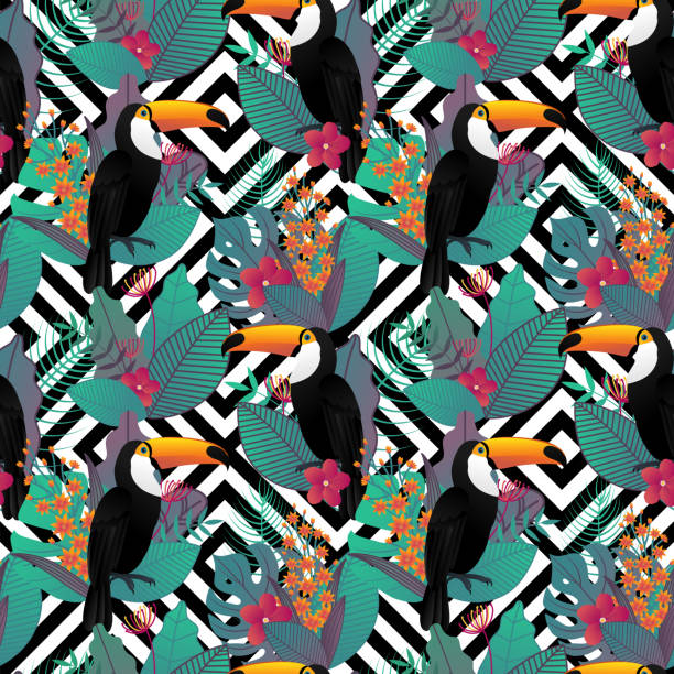 istock Seamless pattern with Toco toucan bird and tropical leaves and flowers on geometric background for printing and website design, wallpaper and textile fabric print. Vector illustration. 977412486
