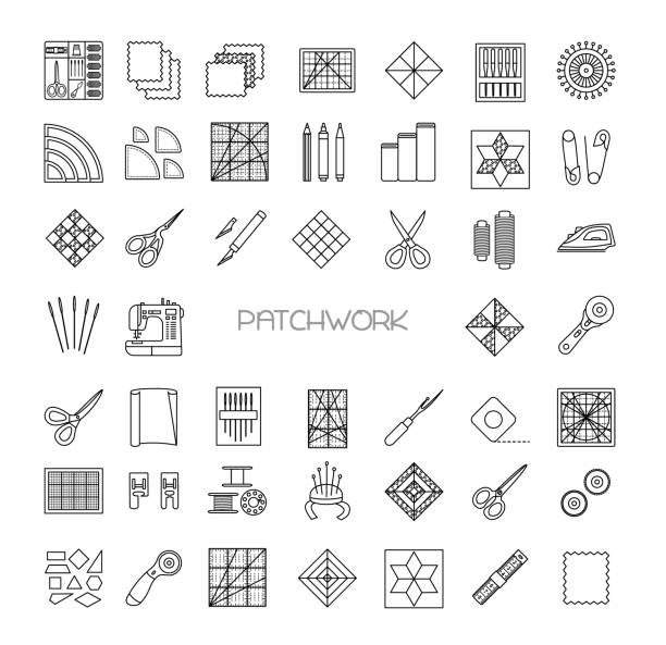 ilustrações de stock, clip art, desenhos animados e ícones de quilting line icons set. patchwork supplies and accessories. quilt fabric kit, patch, needle, thread, scissors, cloth, sewing machine, pin, template, ruler, rotary cutter. vector illustration. - quilt textile patchwork thread