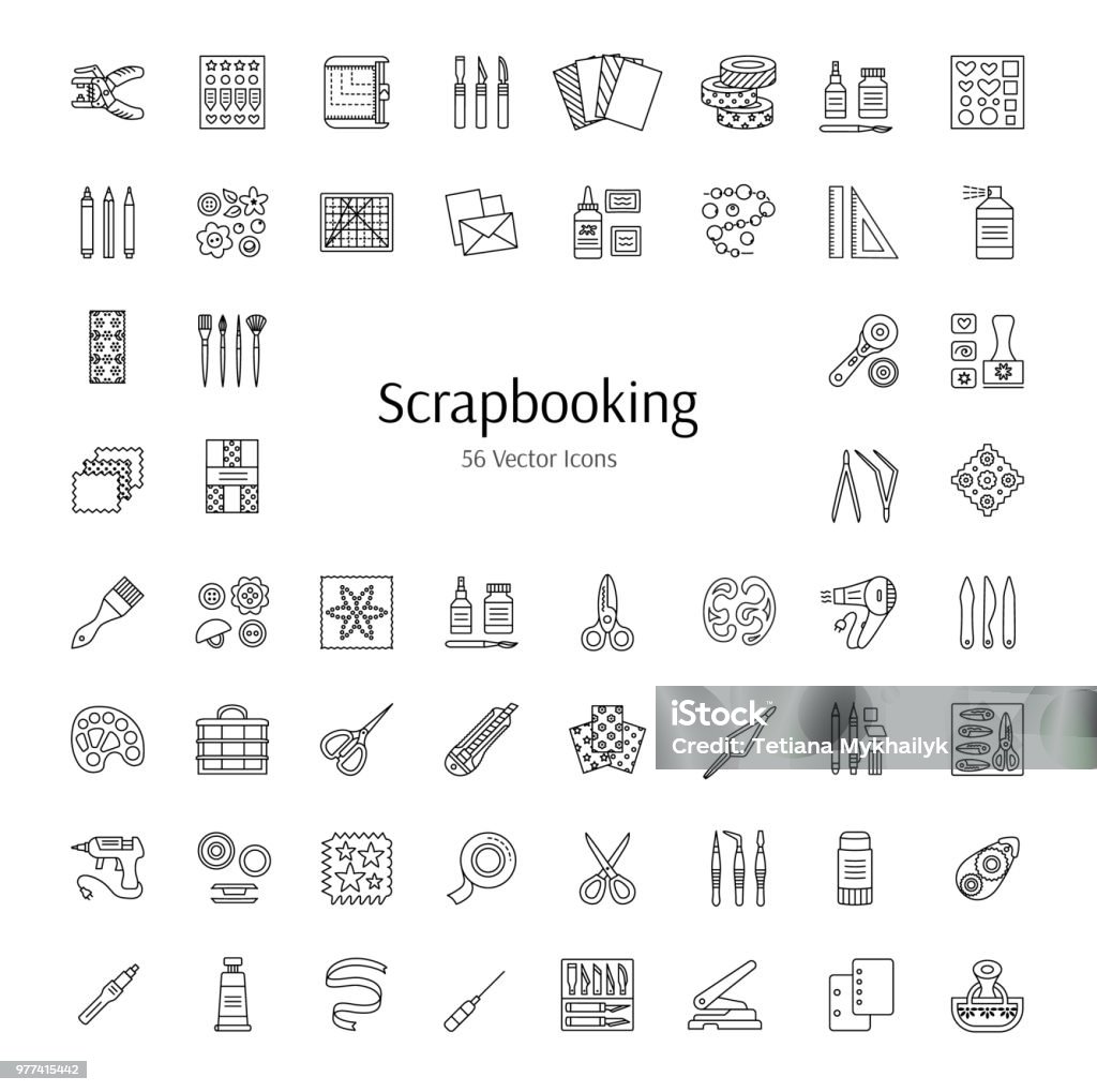 Scrapbooking vector line icons. Tools and accessories for scrap decorations of albums, books and cards. Handmade hobby Scrapbooking tools and accessories. Vector line icons.  Decorating albums, books and cards with scrap, lace and ribbon. Paper craft elements. Handmade hobby Icon Symbol stock vector