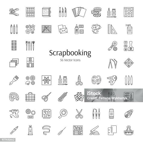Scrapbooking Vector Line Icons Tools And Accessories For Scrap Decorations Of Albums Books And Cards Handmade Hobby Stock Illustration - Download Image Now