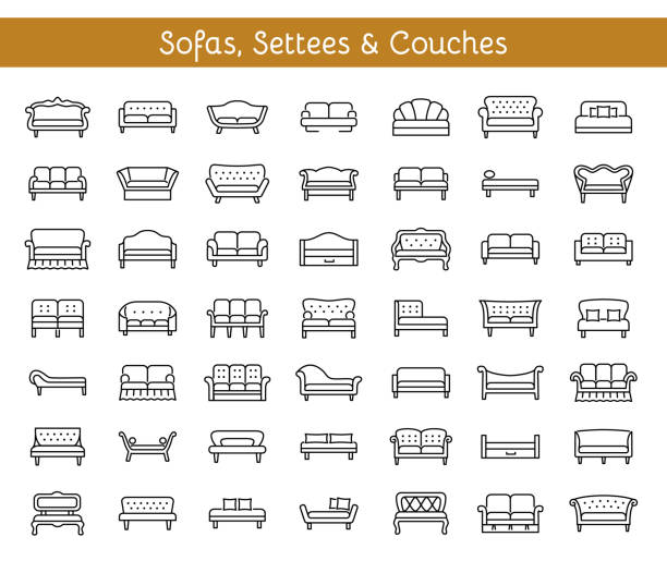 ilustrações de stock, clip art, desenhos animados e ícones de sofas & couches. living room & patio furniture. vector line icons. - pillow cushion vector bedding