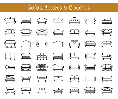 Sofas & Couches. Living room & patio furniture. Different kinds of classic and modern settees, loveseats. Benches & daybeds. Front view. Vector line icon collection.