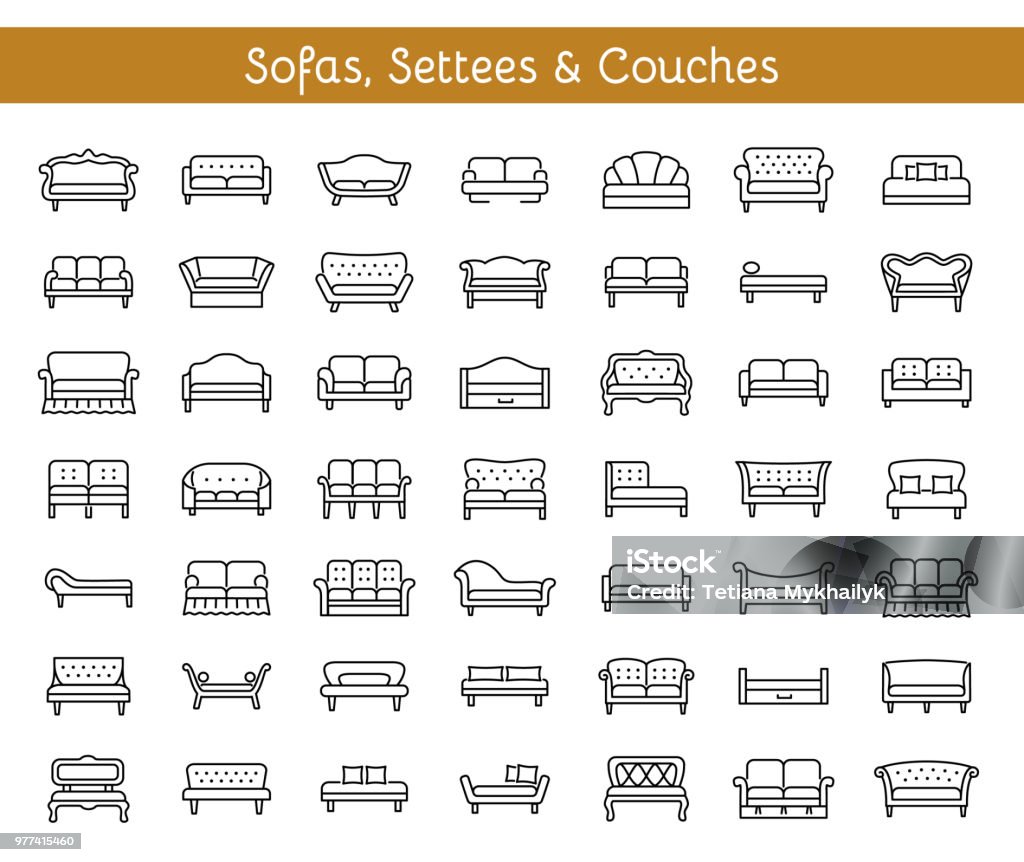 Sofas & Couches. Living room & patio furniture. Vector line icons. Sofas & Couches. Living room & patio furniture. Different kinds of classic and modern settees, loveseats. Benches & daybeds. Front view. Vector line icon collection. Sofa stock vector