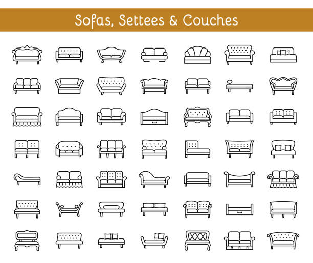 Sofas & Couches. Living room & patio furniture. Vector line icons. Sofas & Couches. Living room & patio furniture. Different kinds of classic and modern settees, loveseats. Benches & daybeds. Front view. Vector line icon collection. bed furniture illustrations stock illustrations