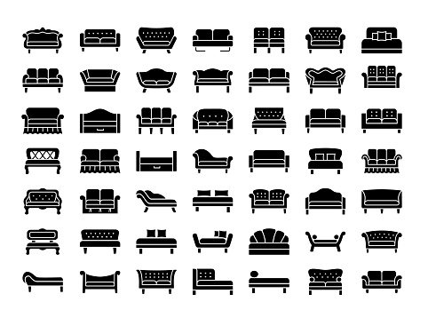Sofas & Couches. Living room & patio furniture. Different kinds of classic and modern settees, loveseats. Benches & daybeds. Front view. Vector icon collection.