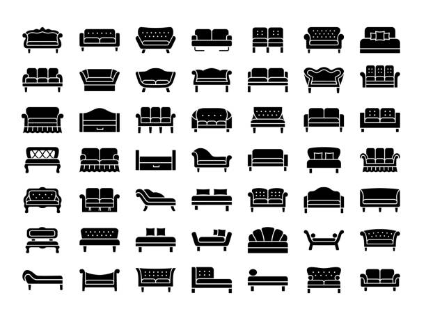 Sofas & Couches. Living room & patio furniture. Vector icons. Sofas & Couches. Living room & patio furniture. Different kinds of classic and modern settees, loveseats. Benches & daybeds. Front view. Vector icon collection. chaise longue stock illustrations