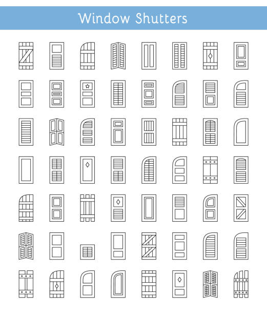 ilustraciones, imágenes clip art, dibujos animados e iconos de stock de obturadores de la ventana. cortinas exteriores decorativos. colección de iconos de la línea. - contraventana