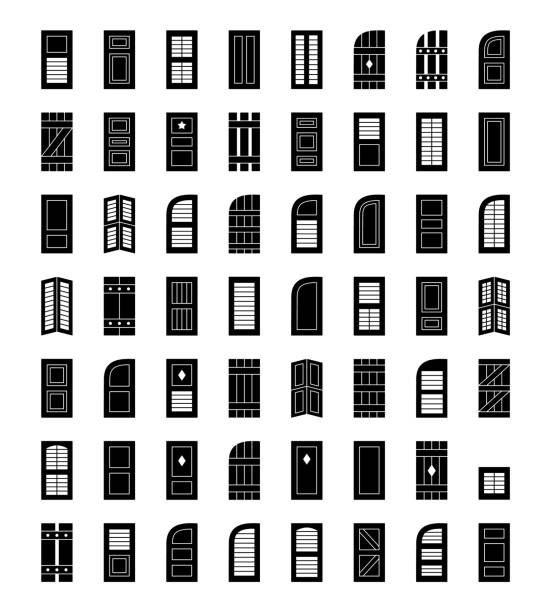 ilustraciones, imágenes clip art, dibujos animados e iconos de stock de obturadores de la ventana. cortinas exteriores decorativos. colección de iconos plano. - contraventana