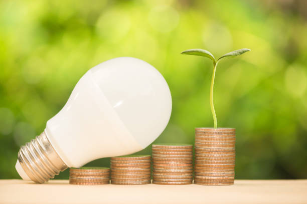 istock LED bulb on the growing coin stack with warm light and green nature background for saving energy concept 977415776