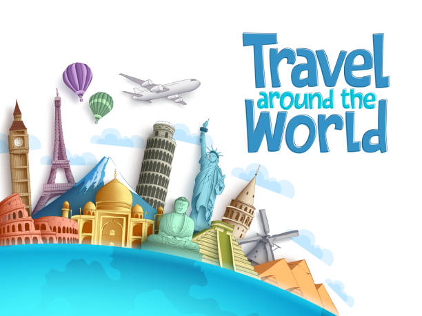 istock Travel around the world vector background and template with famous landmarks 977426070