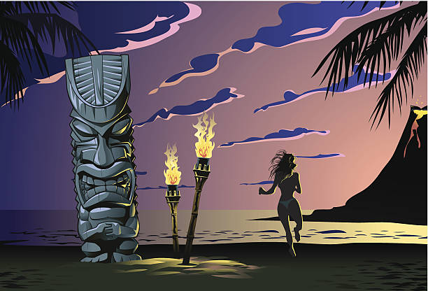 Tiki on the beach Twilight scene with some tropical, hot and volcanic elements on it. tiki torch stock illustrations