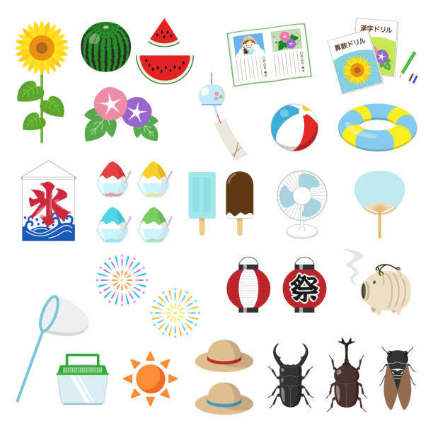 ilustraciones, imágenes clip art, dibujos animados e iconos de stock de conjunto de ilustración de verano - rhinoceros beetles