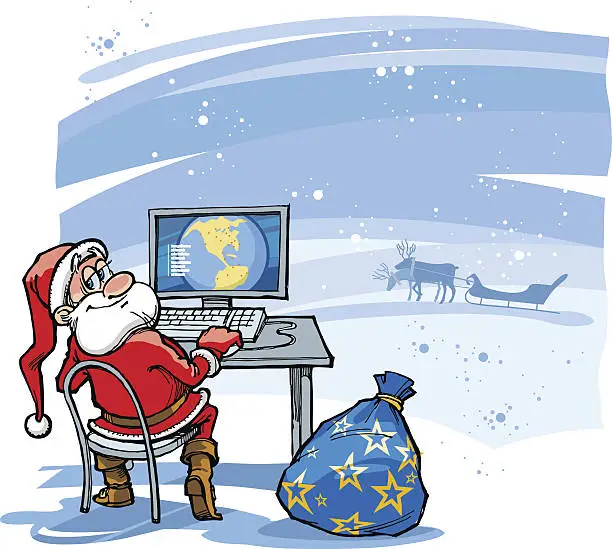 Vector illustration of Santa and Computer