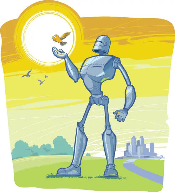 Vector illustration of Robot releasing a bird