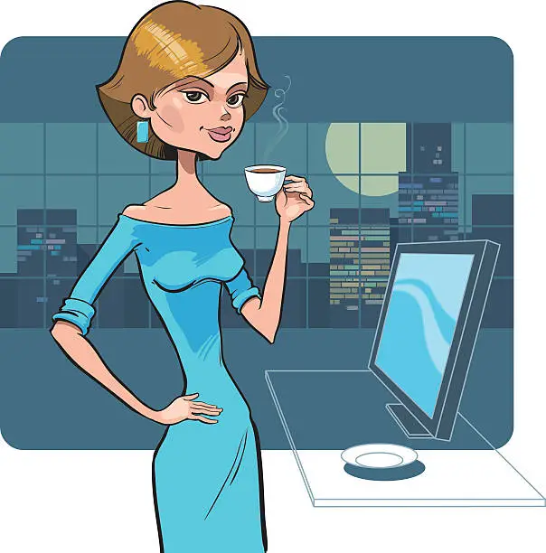 Vector illustration of Woman in the office at evening