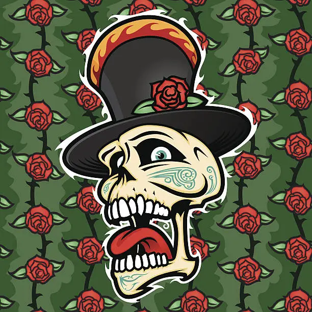 Vector illustration of Skull Tattoo and Rose Pattern