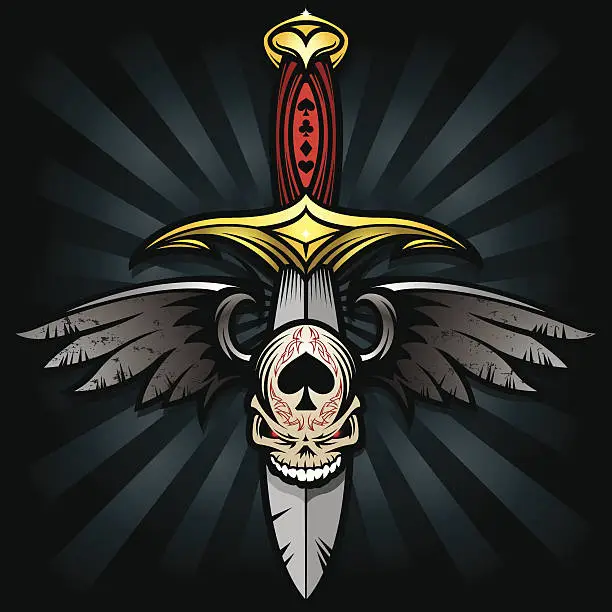 Vector illustration of Gothic Winged Skull and Blade