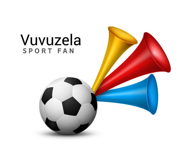 illustrazioni stock, clip art, cartoni animati e icone di tendenza di appassionato di calcio tromba vuvuzela. il gioco sportivo vettoriale di calcio gioca il simbolo dei fan con vuvuzela o design della tromba - vuvuzela