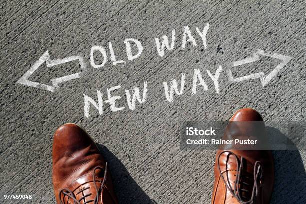 Decision Time Old Thinking Or New Ways Stock Photo - Download Image Now - Breaking New Ground, Advice, Arrow Symbol