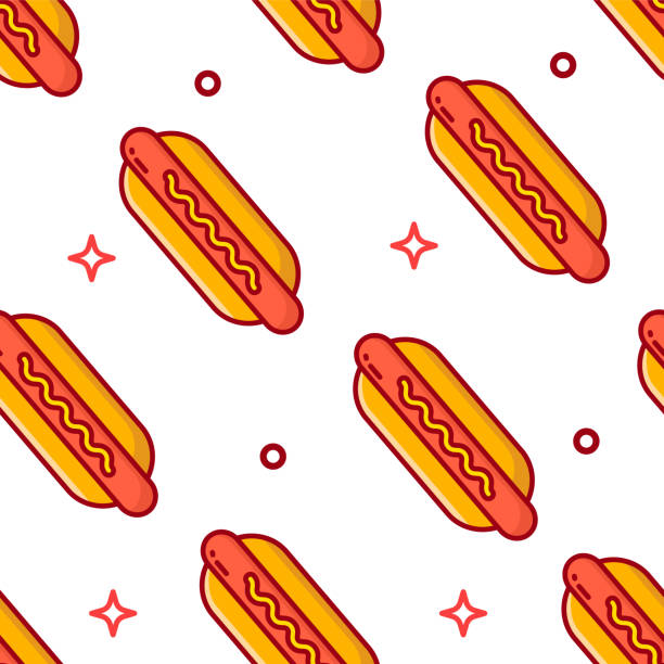illustrations, cliparts, dessins animés et icônes de modèle de restauration rapide avec hot-dog sur fond blanc. design plat mince ligne. vector. - isolated on white fun orange food