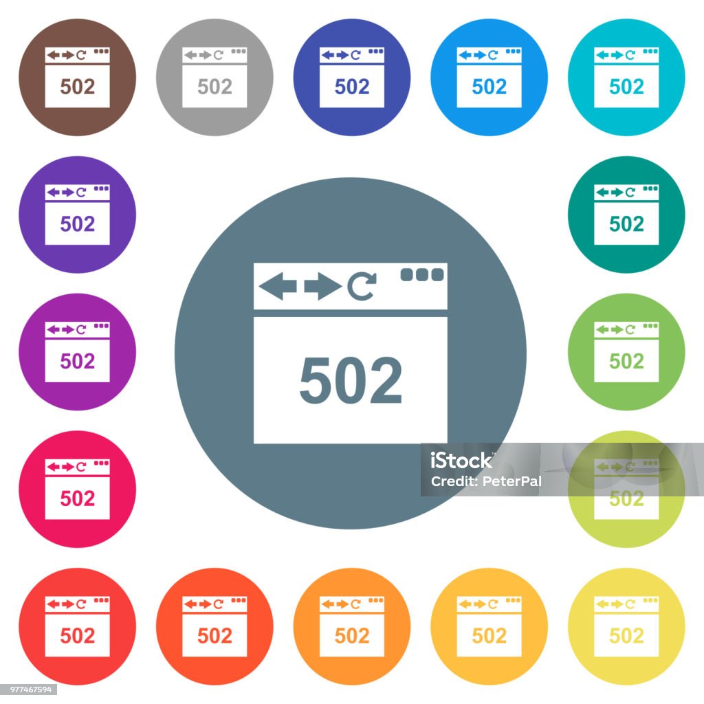 Browser 502 Bad gateway flat white icons on round color backgrounds Browser 502 Bad gateway flat white icons on round color backgrounds. 17 background color variations are included. Applying stock vector