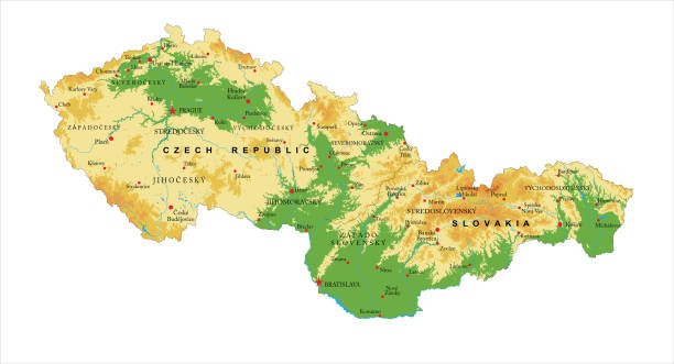 Czech Republic and Slovakia physical map Highly detailed physical map of the Czech Republic and Slovakia, in vector format,with all the relief forms,regions and big cities. bratislava vector stock illustrations