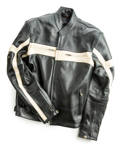 leather motorcycle jacket isolated on white background. - casaco de couro imagens e fotografias de stock