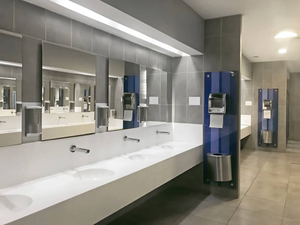 Public restroom Wide angle view of public restroom restaurant mirror stock pictures, royalty-free photos & images