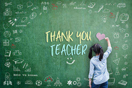 Thank You Teacher greeting for World teacher's day concept with school student back view drawing doodle of of learning education graphic freehand illustration icon on green chalkboard