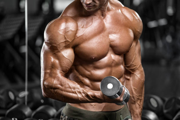 istock Muscular man in gym doing exercise for biceps. Strong male naked torso abs, working out 977491228