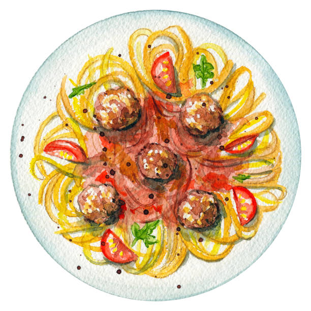 illustrazioni stock, clip art, cartoni animati e icone di tendenza di pasta di carbonara acquerello su un piatto con noisette, spezie, salsa e pomodori - ragù