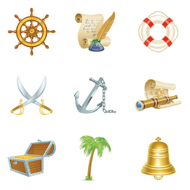 Treasure Island Icons Vector icons on the adventure and navy theme. Ship wheel. Scroll, ink and pen. Lifebuoy, crossed sabers, anchor, treasure map, telescope, treasure chest, palm tree and bell. bellcaptain stock illustrations