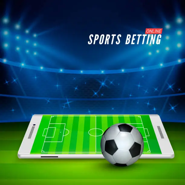 Vector illustration of Soccer bet online. Sports betting concept. Soccer stadium and white mobile phone with ball on foreground. Vector illustration