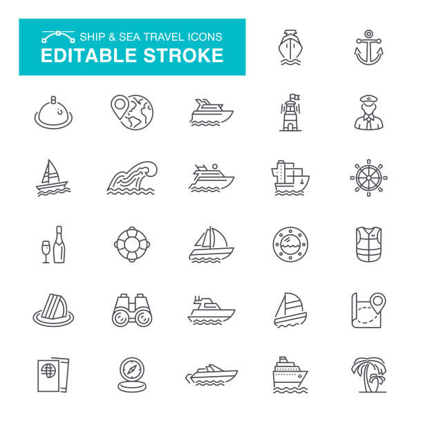 Nautical and Sea Travel Editable Stroke Icons Nautical Vessel, Ship, Cruise Ship, Passenger Ship, Navigational Compass, Editable Stroke Icon Set anchor vessel part stock illustrations