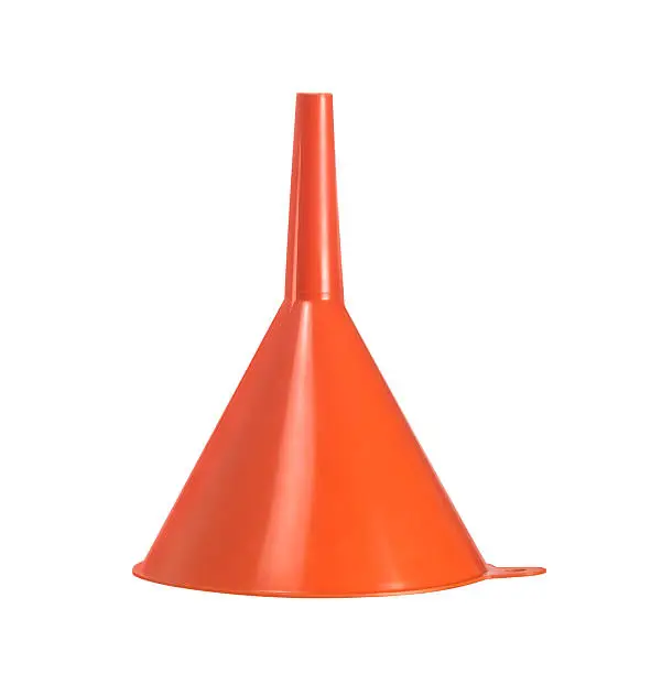 studio photography of a orange plastic funnel isolated on white with clipping path