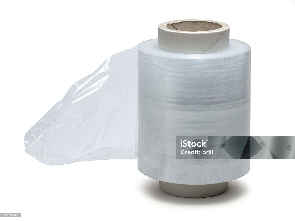 clear stretch film studio photography of a roll of stretch film isolated on white with clipping path Stretch Wrap Stock Photo