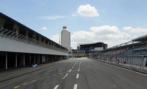 middle of the pit lane at a racetrack named "Hockenheimring" in Southern Germany at summer time