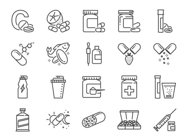 vitamin und diätetische ergänzung icon-set. enthalten die symbole als vitamin c, fischöl, molkenprotein, tablette, pillen, medikamente, medizin und mehr - mineral stock-grafiken, -clipart, -cartoons und -symbole