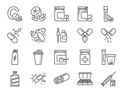 Vitamin and dietary supplement icon set. Included the icons as vitamin c, fish oil, whey protein, tablet, pills, medication, medicine and more