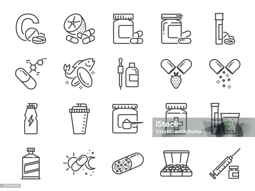 Vitamin and dietary supplement icon set. Included the icons as vitamin c, fish oil, whey protein, tablet, pills, medication, medicine and more Icon Symbol stock vector