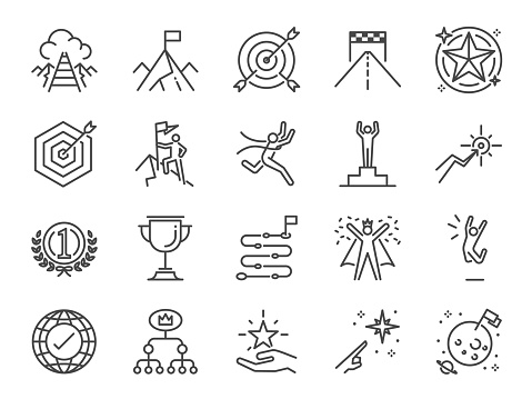 Goal and achievement icon set. Included the icons as achieve, success, target, roadmap, finish, celebrate, happy and more