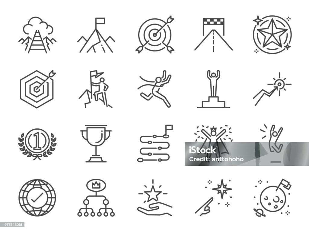 Goal and achievement icon set. Included the icons as achieve, success, target, roadmap, finish, celebrate, happy and more Icon Symbol stock vector