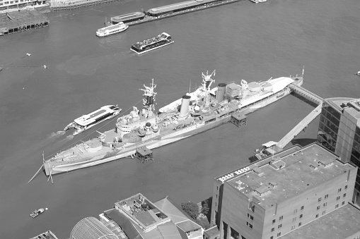 May 19, 2018 – HMS Belfast, River Thames, London, England, United Kingdom. HMS Belfast is a very famous historic warship that now sits silent on the River Thames, London, open to all kinds of visitors from around the World.