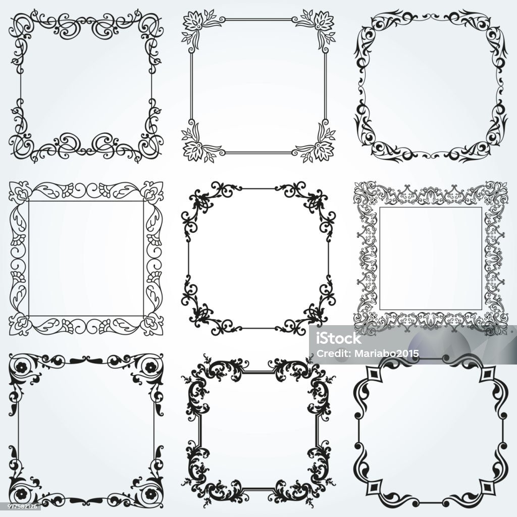 Decoratieve Kaders En Randen Plein Instellen Vector Stockvectorkunst En Meer Beelden Van Bladmotief - Istock