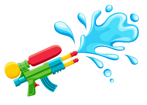 Water gun illustration. Plastic summer toy. Colorful design for children. Gun with water splash. Flat vector illustration isolated on white background.