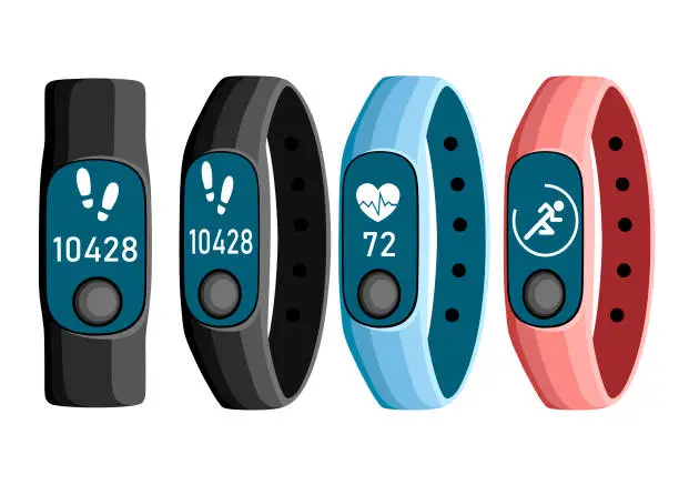 Vector illustration of Vector illustration of sport accessories. Collection of smart band. Flat cartoon wristband with running activity steps counter and heartbeat pulse meter. Sport bracelet with button