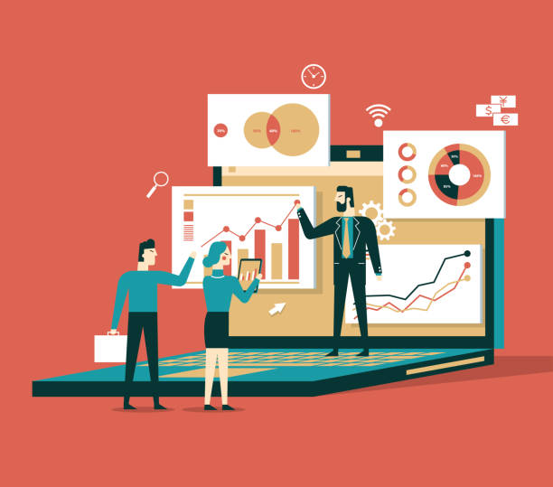Research team Flat isometric design of data analysis and technology concept. news monitor stock illustrations