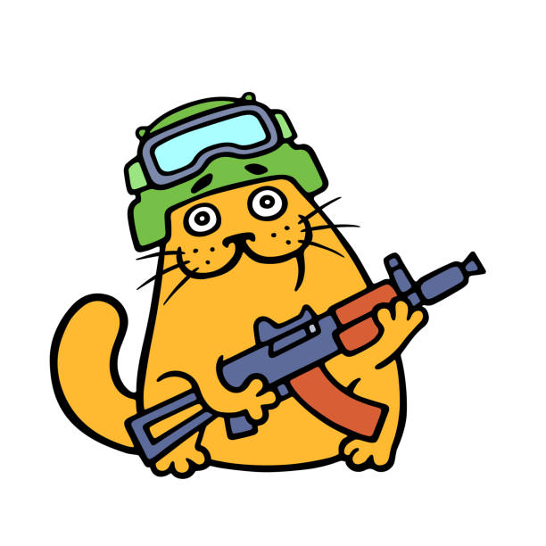 lustige katze spezialeinheiten bewaffnet und bereit für den kampf. vektor-illustration. - violence war gun camouflage stock-grafiken, -clipart, -cartoons und -symbole