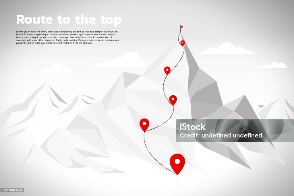 Rota para o topo da montanha: conceito de objetivo, missão, visão, carreira caminho, polígono conectar ponto linha estilo - Vetor de Montanha royalty-free