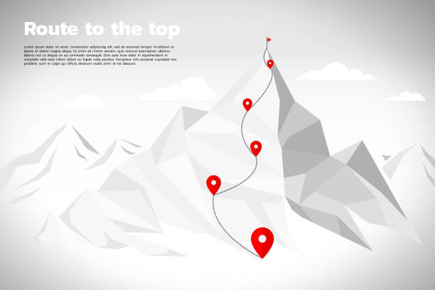 ilustrações de stock, clip art, desenhos animados e ícones de route to the top of mountain: concept of goal, mission, vision, career path, polygon dot connect line style - crescimento ilustrações